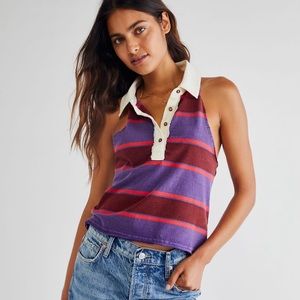 We The Free Purple and Red Striped Rugby Sleeveless Polo